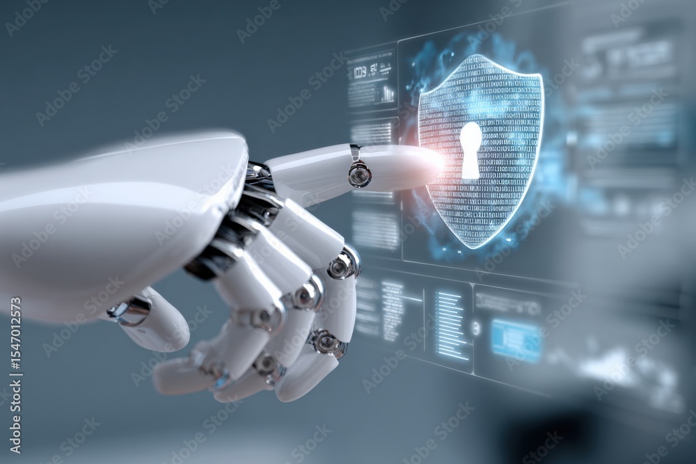 Aufkleber Futuristic robotic hand interacting with a digital shield icon representing cybersecurity and data protection in a high-tech environment