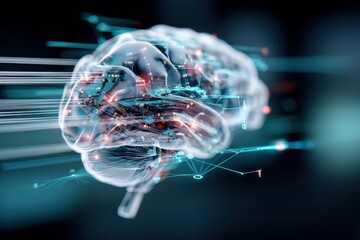 Highly detailed digital rende of a futuristic human brain influenced by technology and neural network data visualization with vibrant glowing lines