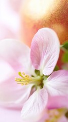 Close-up of delicate pink and white flower with yellow stamen and blurred golden fruit background, vibrant nature macro photography