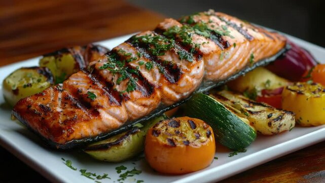 A mouthwatering appetizer with grilled fish, vegetables, and garnishes on a white plate.