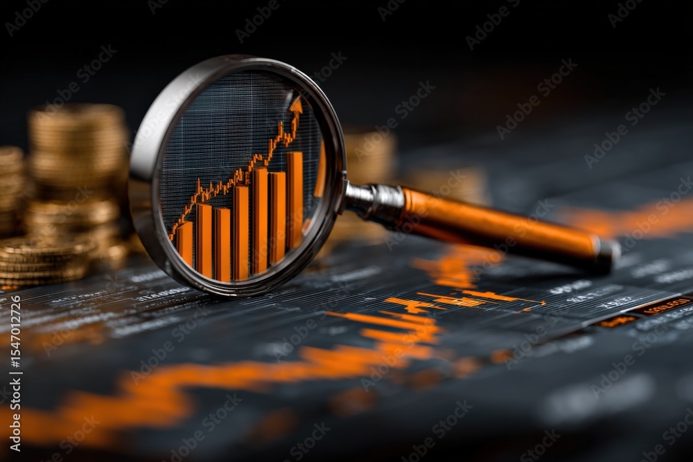 Poster business financial growth analysis with magnifying glass showing upward trending graph and stock mar