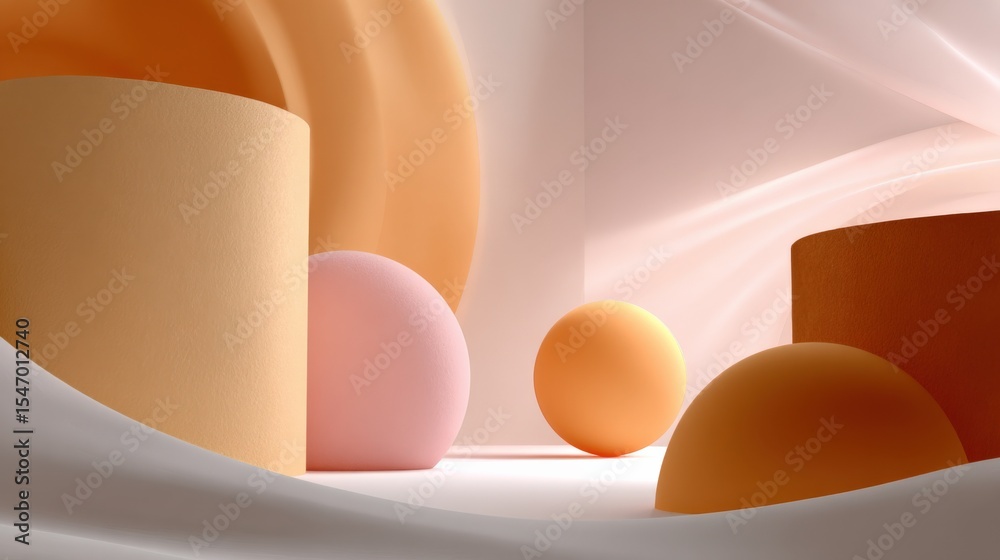 Poster abstract artistic composition with large colorful geometric shapes including spheres cylinders and d
