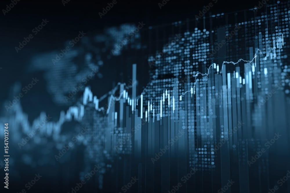 Aufkleber Advanced digital financial data analysis with fluctuating line graphs and glowing stock market chart visuals on dark background