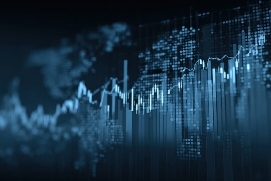 Advanced digital financial data analysis with fluctuating line graphs and glowing stock market chart visuals on dark background