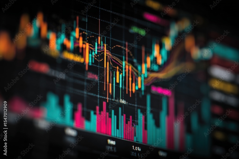 Aufkleber Dynamic colorful stock market chart showing financial data and trading trends with line graphs and bar graphs on digital display background