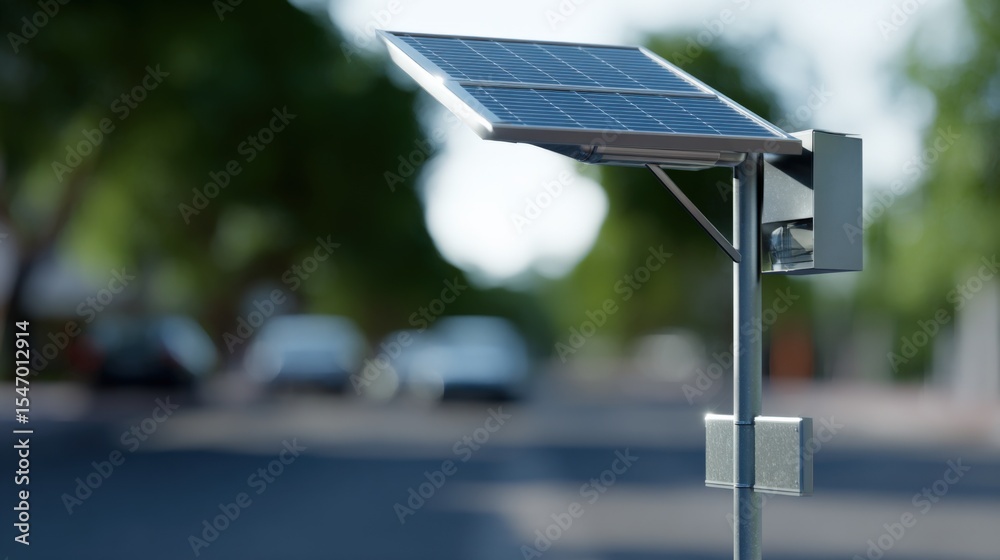 Poster modern solar panel installation on public street pole with clear sky and blurred trees and cars in b