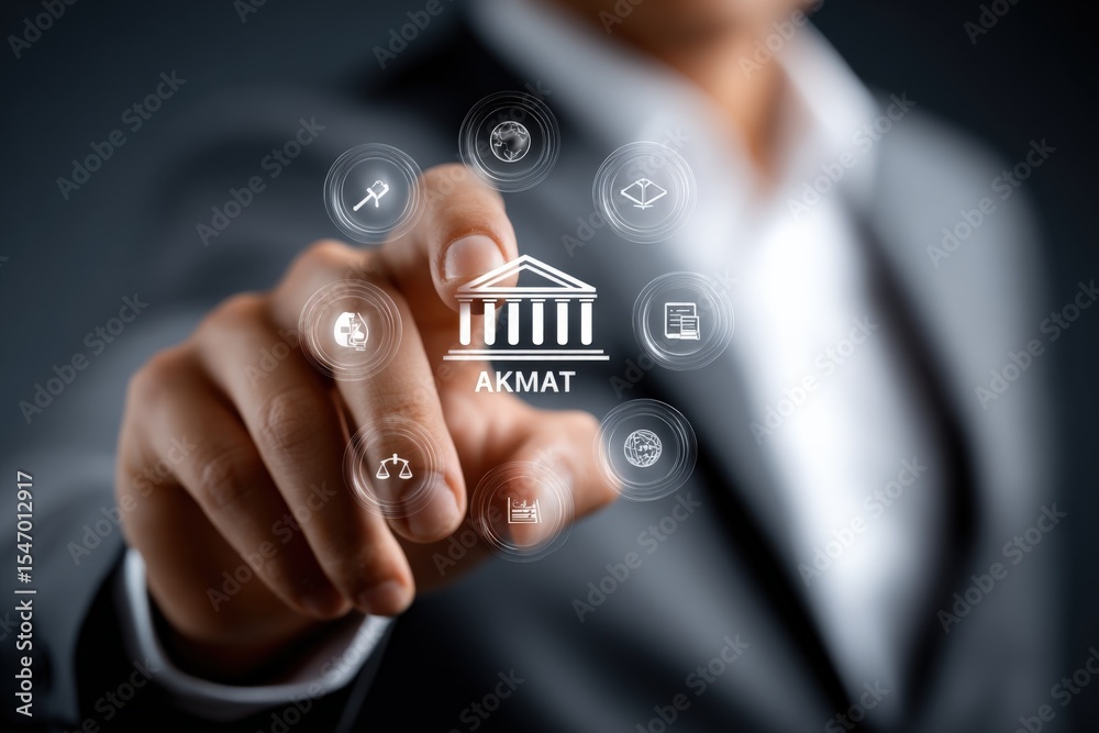Poster Businessman in formal suit using futuristic transparent touchscreen interface with banking symbols and icons for financial technology concepts