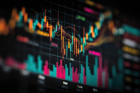 Dynamic colorful stock market chart showing financial data and trading trends with line graphs and bar graphs on digital display background
