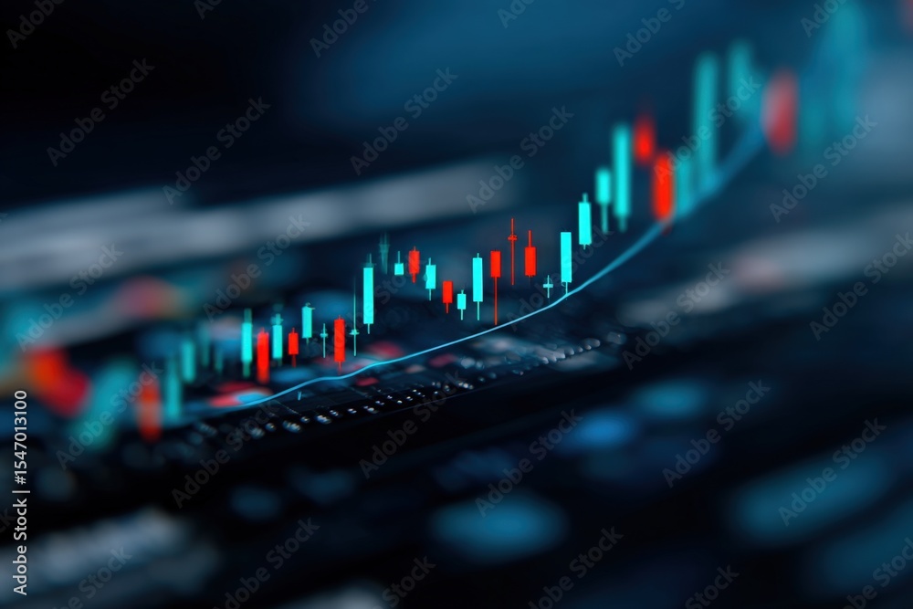 Poster dynamic financial stock market chart with colorful candlestick patterns and upward trend line indica