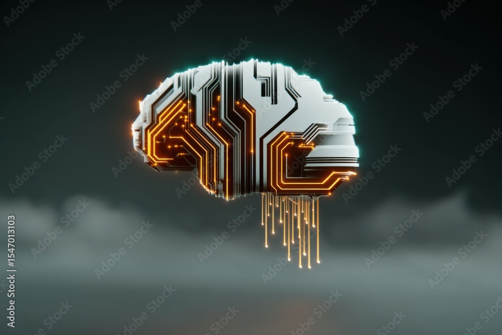 Poster Futuristic Smart Artificial ligence Brain with Circuitry and Digital Data Streams in Neon Glowing Cloud Environment