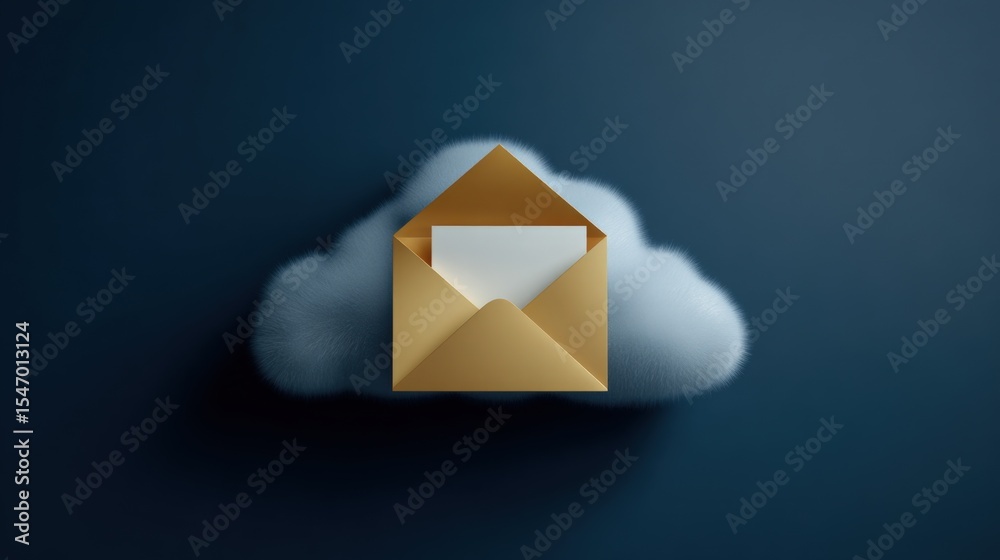 Poster digital cloud email notification concept with golden envelope and white letter on dark blue backgrou