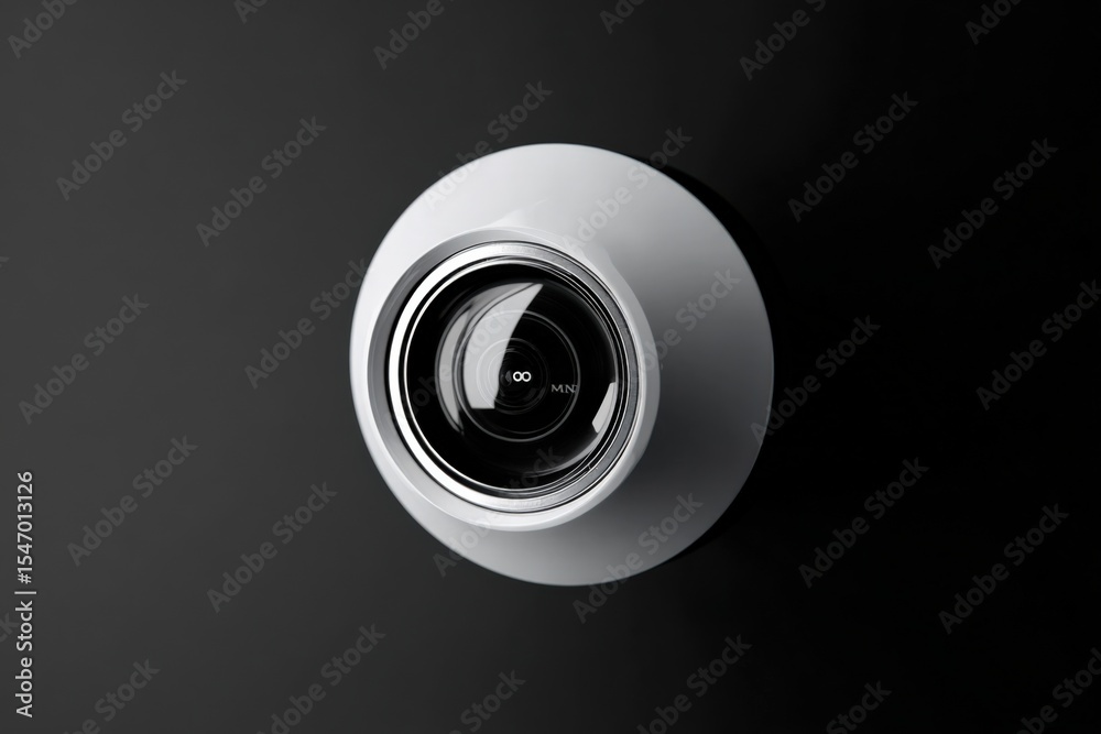 Poster modern compact security camera with wide-angle lens mounted on gray background for home surveillance