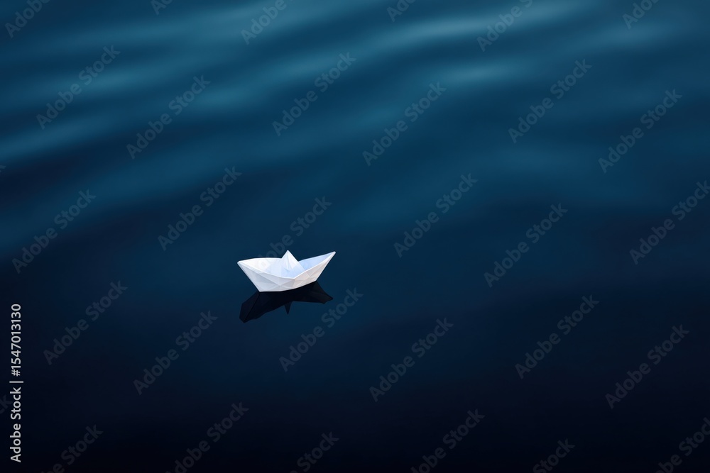 Poster small white paper boat floating on calm blue water surface with gentle ripples in a serene and peace