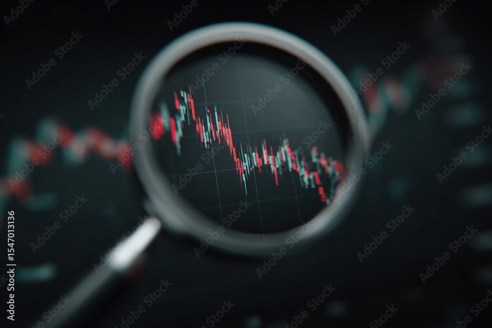 Poster financial chart analysis with magnifying glass showing stock market graph and trading data on digita