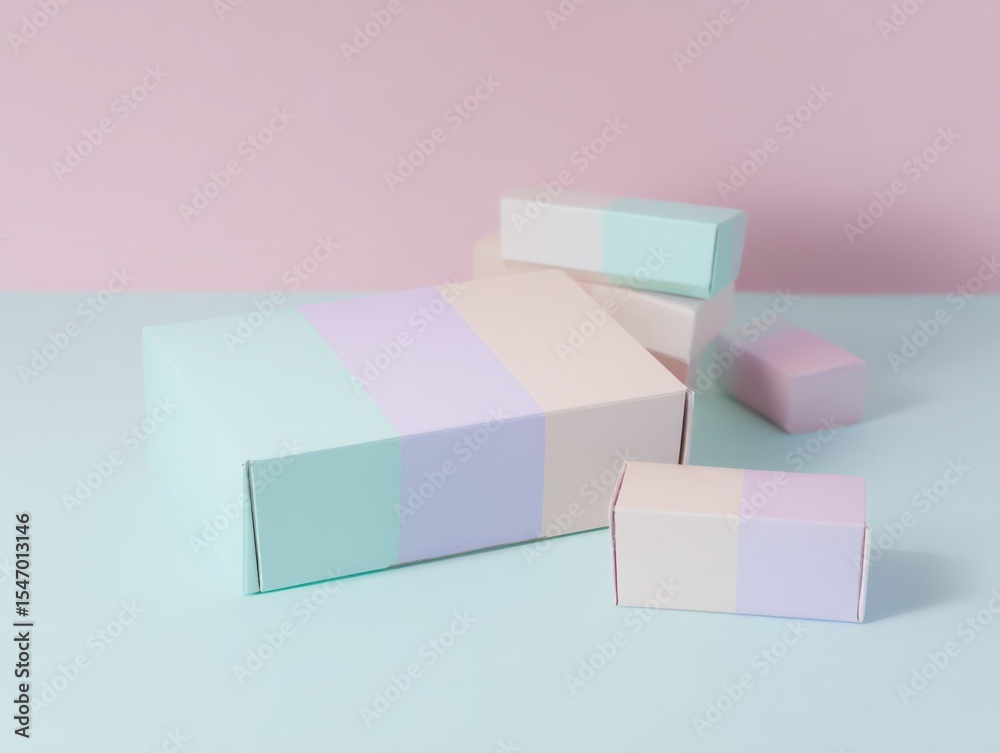 Poster Minimalist pastel colored rectangular architecture structures with geometric blocks on soft pink and blue background for modern design aesthetic