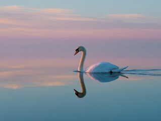Fototapeta premium Serene white swan gracefully swimming on calm reflective water du sunset with colorful sky in the background