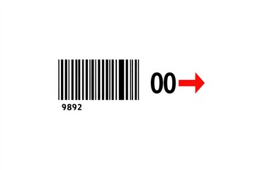 Close-up of a barcode with numerical code and red arrow pointing to the right, detailed image of black and white lines for scanning