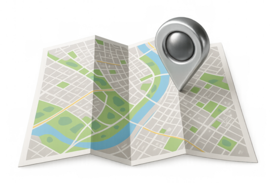 Location pin pointing a folded city map on a transparent background, perfect for travel and navigation concepts - Powered by Adobe