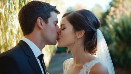 A bride and groom share a romantic kiss on their wedding day.