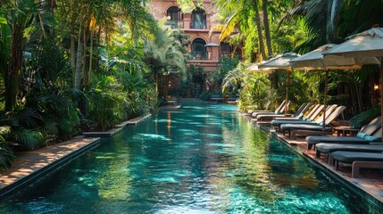 Luxurious tropical pool surrounded by lush greenery and architecture.