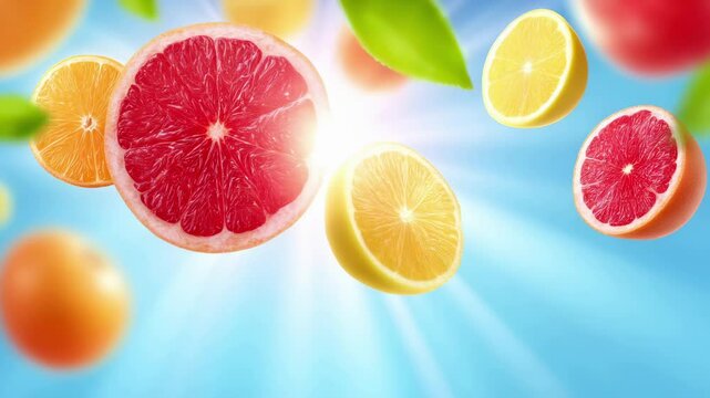 Fresh citrus fruit slices floating with grapefruit, lemon and orange segments. Vibrant healthy nutrition concept with vitamin rich tropical fruits on bright blue background.