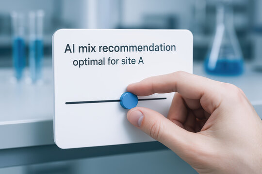 AI mix recommendation in civil engineering construction is shown with hand adjusting blue dial for optimal site settings in lab environment