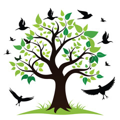 Set of Decorative Vector Trees with Birds and Leaves