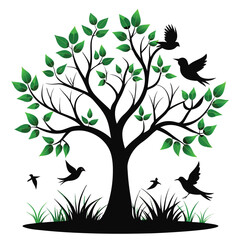 Set of Decorative Vector Trees with Birds and Leaves