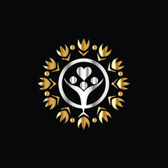 Hands holding heart and flower vector logo design template. Charity and donation symbol.