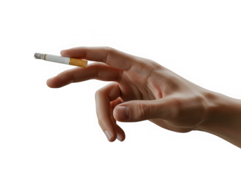 Hand holding a burning cigarette isolated on transparent background