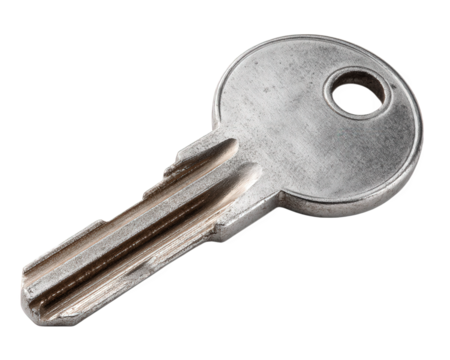 Silver key with round head and hole for keyring, isolated on transparency background. metal surface shows slight wear and texture, symbolizing security and access