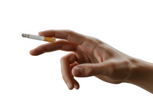 Hand holding a burning cigarette isolated on transparent background
