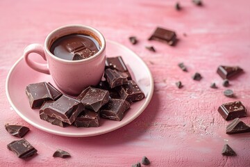 Hot Chocolate with Dark Chocolate Chunks on Pink Background.
