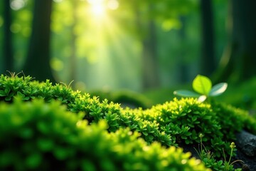 Fototapeta premium Emerald moss, sun-dappled texture, vibrant green , moss, damp