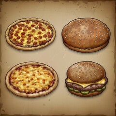 A mouth-watering vintage-style illustration featuring classic pizza and burger delights