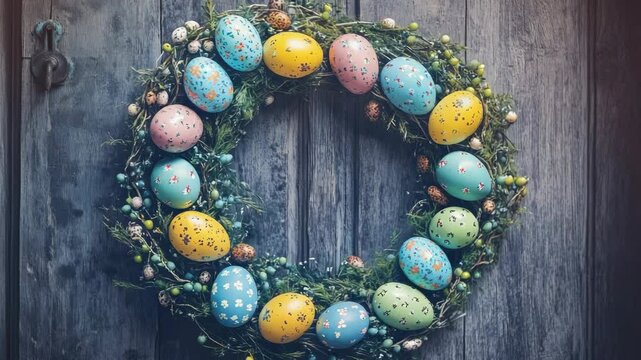 Decorative circular wreath featuring multi-colored eggs, spring foliage, and festive accents, ideal for Easter celebrations.