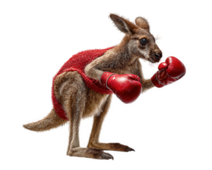 Kangaroo wearing red boxing gloves and red sportswear, ready to fight with focused expression, isolated on transparency background with detailed fur texture and dynamic pose