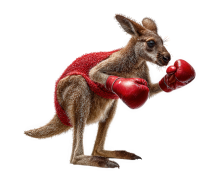 Kangaroo wearing red boxing gloves and red sportswear, ready to fight with focused expression, isolated on transparency background with detailed fur texture and dynamic pose
