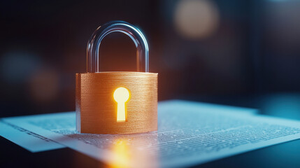 integrity access lock encryption verification concept. A glowing padlock on a paper document symbolizing security.