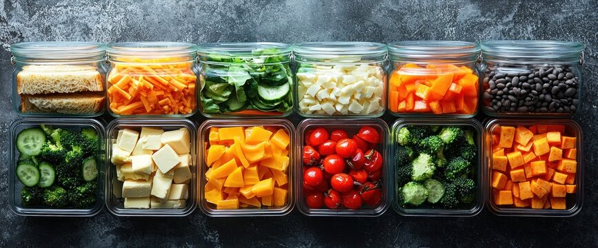 Healthy meal prep: Colorful assortment of fresh vegetables and ingredients in jars
