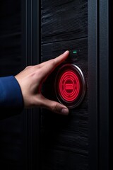 integrity access lock encryption verification concept. Hand pressing a red button on a textured surface panel.