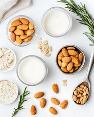 Realistic and artistic representations of almonds, almond farming, processing, and almond-based products like milk, butter, and oil isolated on a white background.