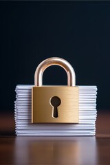 integrity access lock encryption verification concept. Secure padlock on a stack of metal sheets against a dark background.