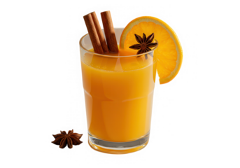 Orange juice with cinnamon sticks and star anise isolated on transparent background