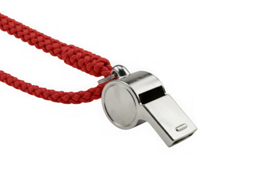 Silver metal whistle with red lanyard isolated on transparent background