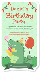 Watercolor birthday party cute animal crocodile baby girl boy poster template card invitation