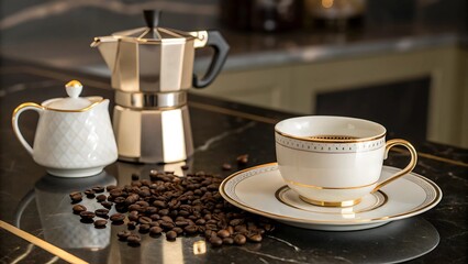 Gourmet Organic Specialty Coffee Luxury Coffee Experience Top-Down concept Elegant coffee setup featuring a stylish cup, pot, and beans on a marble surface.