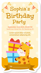 Watercolor birthday party cute animal giraffe baby girl boy poster template card invitation