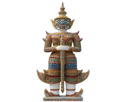 Traditional Thai giant statue with intricate gold and colorful patterns holding staff, isolated on transparency background, showcasing cultural artistry and detailed craftsmanship