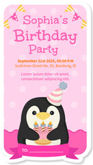 Watercolor birthday party cute animal penguin baby girl boy poster template card invitation